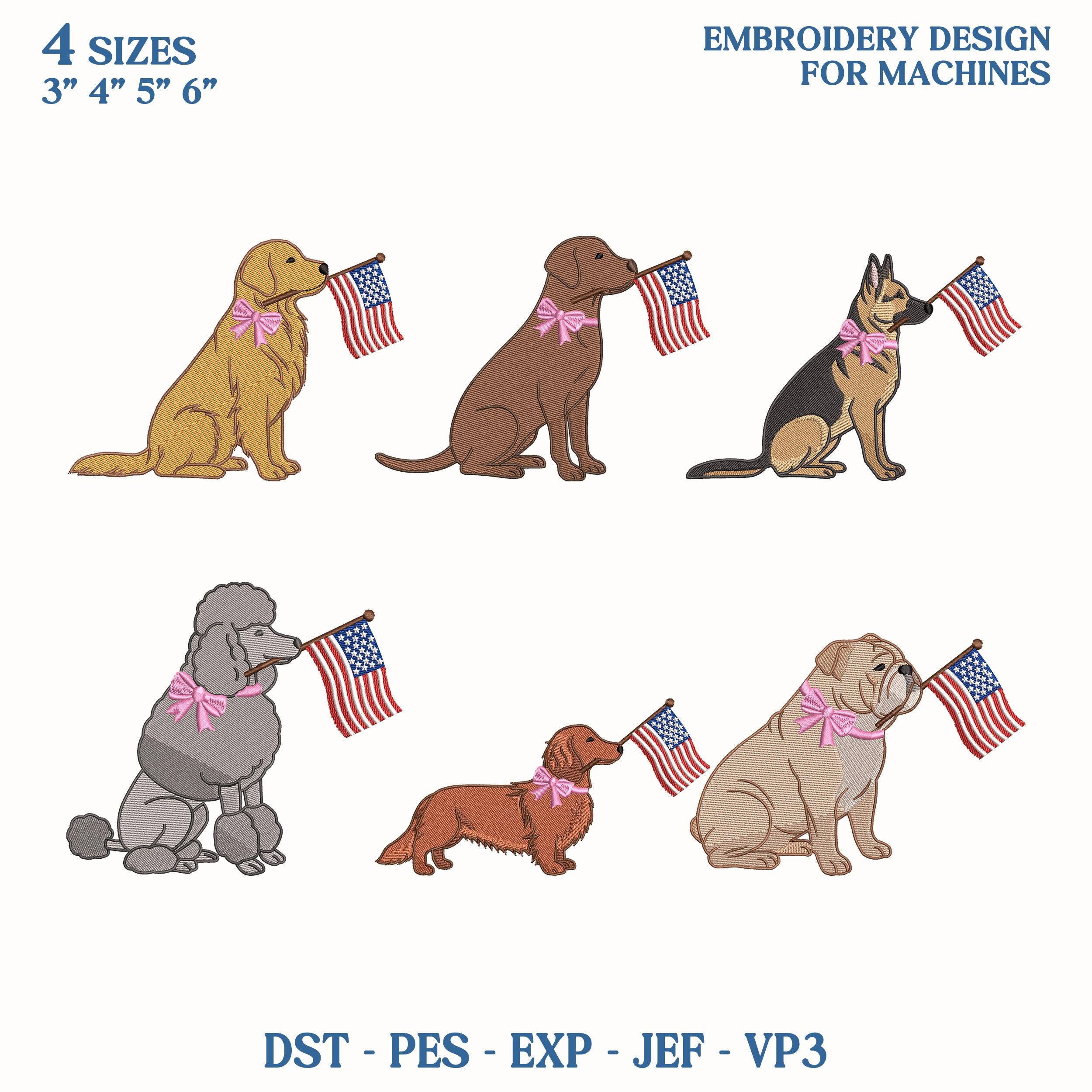 Patriotic Dog Embroidery Design Bundle, American Flag Dog Embroidery File, Labrador Poodle Dachshund Bulldog Machine File