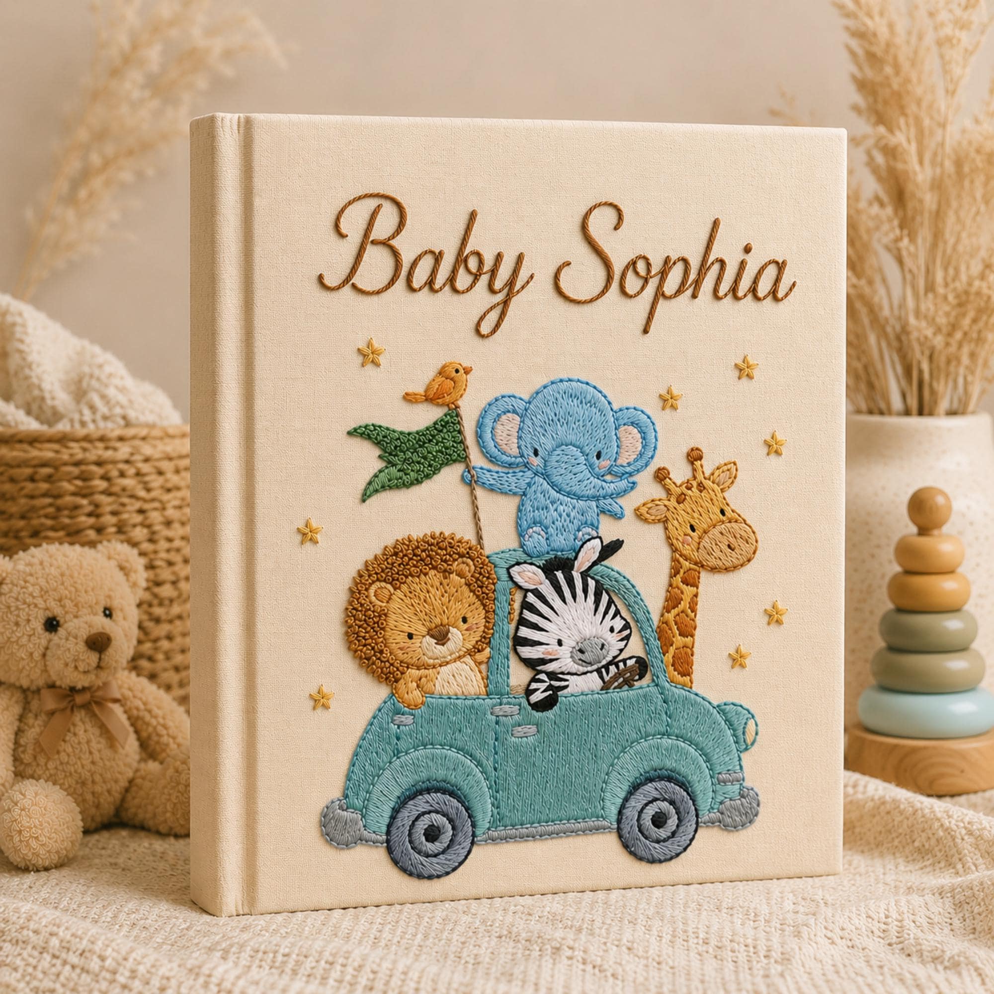 Personalized Safari Train Baby Photo Album, Custom Embroidered Linen Baby Memory Book, Safari Baby Photo Album, Newborn Keepsake Album