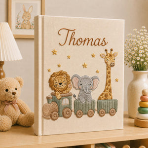 Personalized Safari Train Baby Photo Album, Custom Embroidered Linen Baby Memory Book, Safari Baby Photo Album, Newborn Keepsake Album