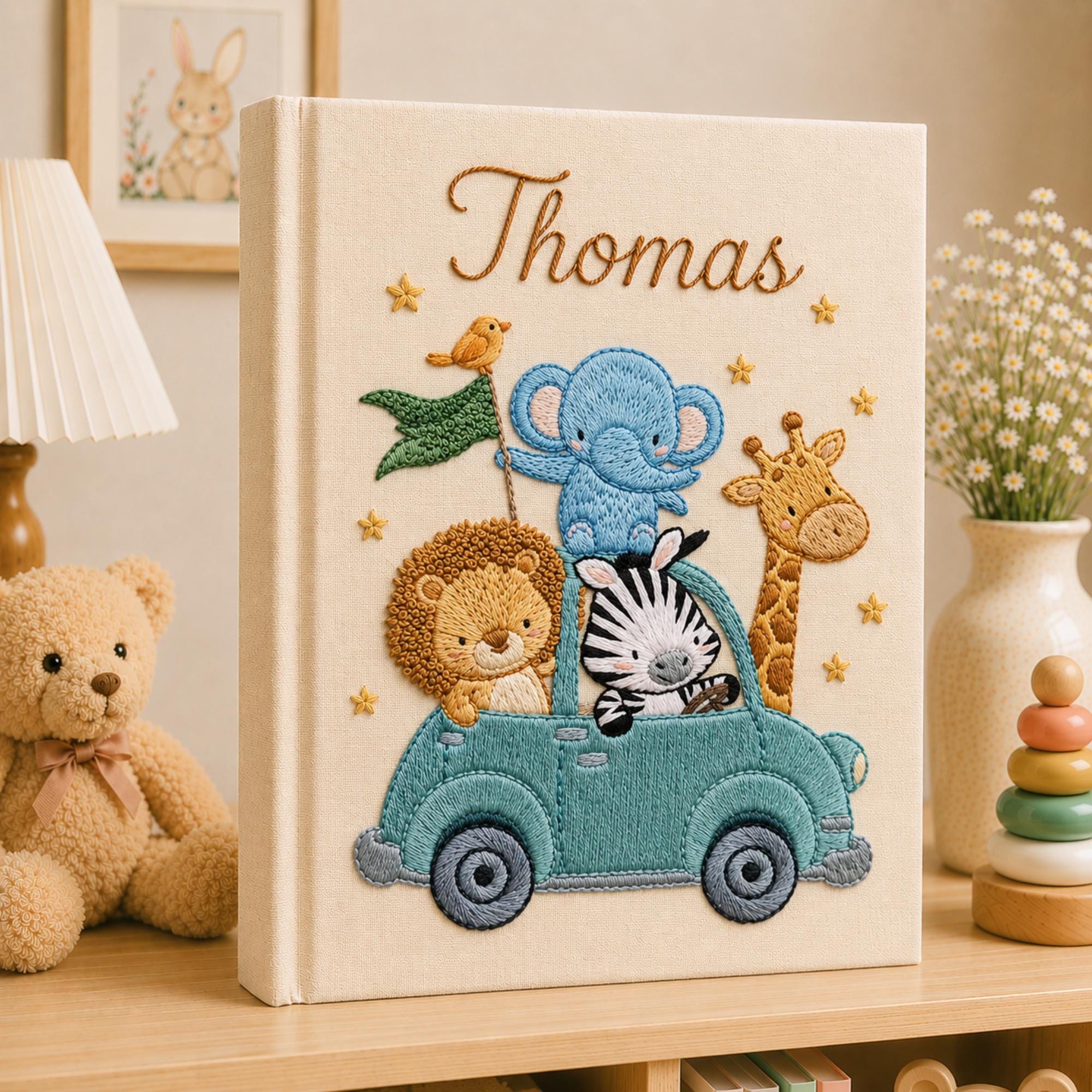 Hand Embroidered Baby Photo Album With Sleeves, Embroidered Linen Baby Memory Book, Safari Baby Photo Album, Newborn Keepsake Album