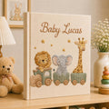 Personalized Safari Train Baby Photo Album, Custom Embroidered Linen Baby Memory Book, Safari Baby Photo Album, Newborn Keepsake Album