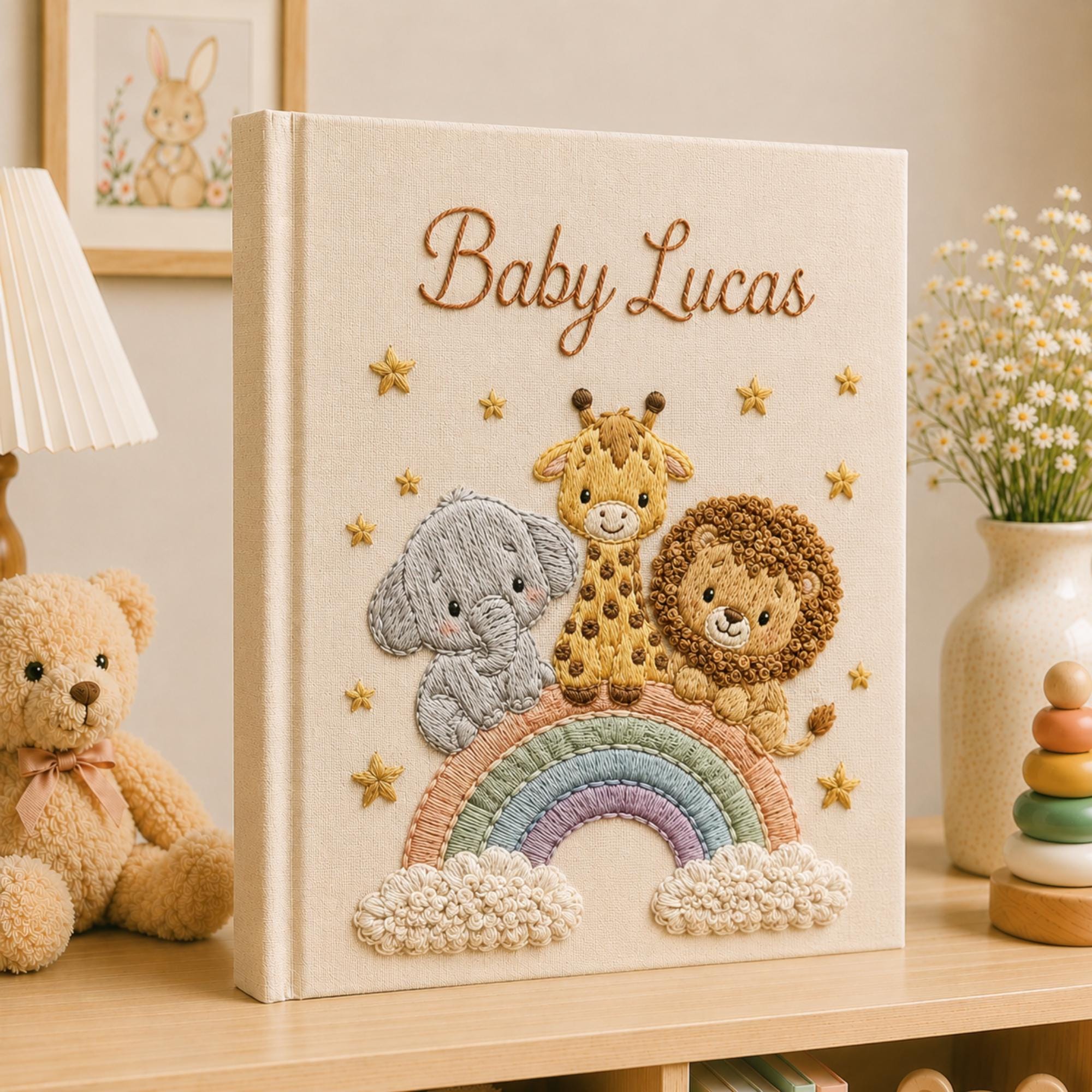 Hand Embroidered Baby Photo Album With Sleeves, Embroidered Linen Baby Memory Book, Safari Baby Photo Album, Newborn Keepsake Album