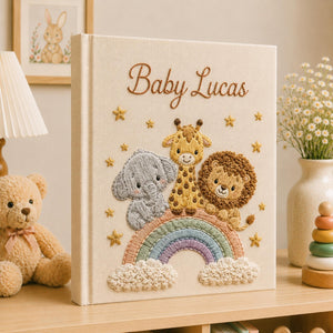 Hand Embroidered Baby Photo Album With Sleeves, Embroidered Linen Baby Memory Book, Safari Baby Photo Album, Newborn Keepsake Album