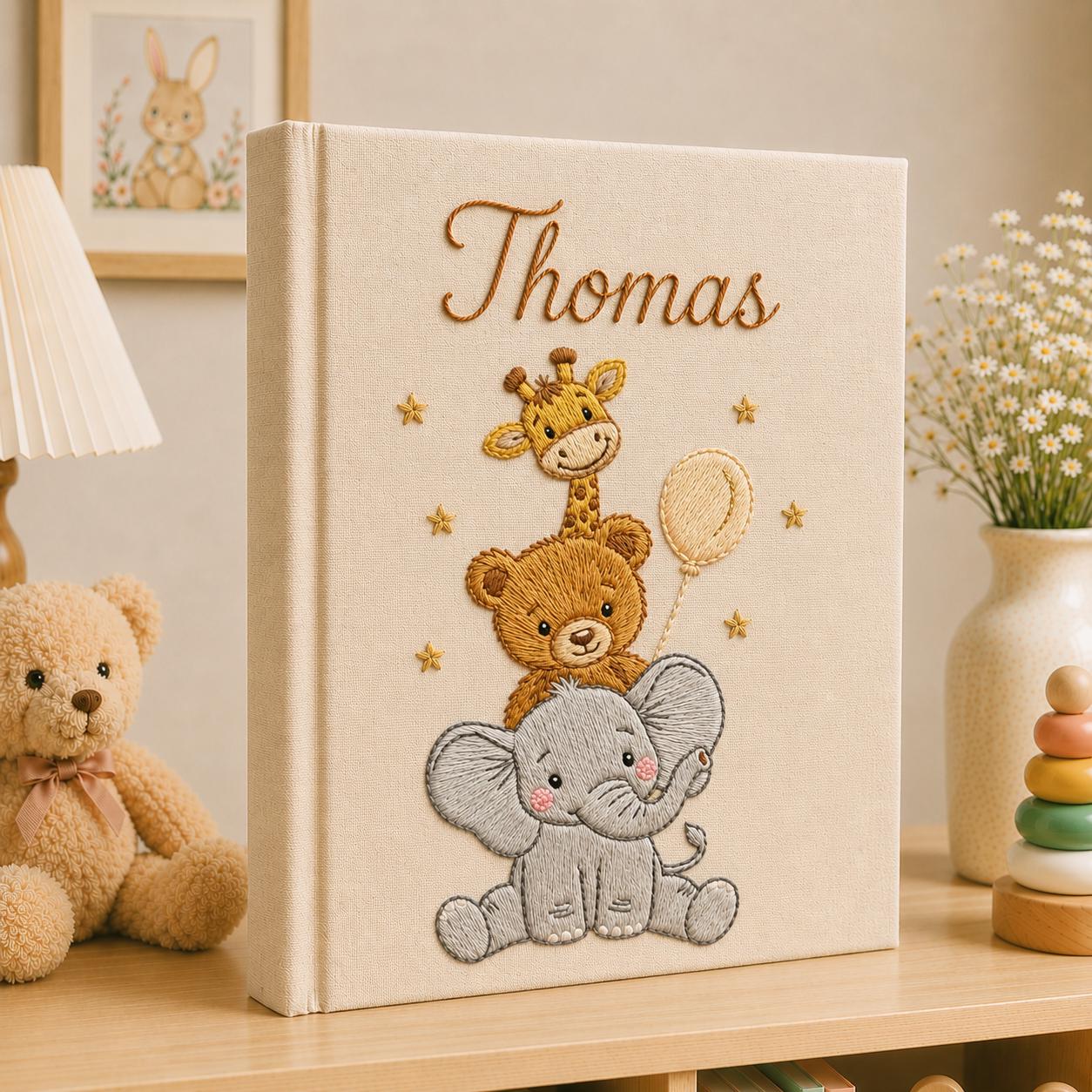 Hand Embroidered Baby Photo Album With Sleeves, Embroidered Linen Baby Memory Book, Safari Baby Photo Album, Newborn Keepsake Album