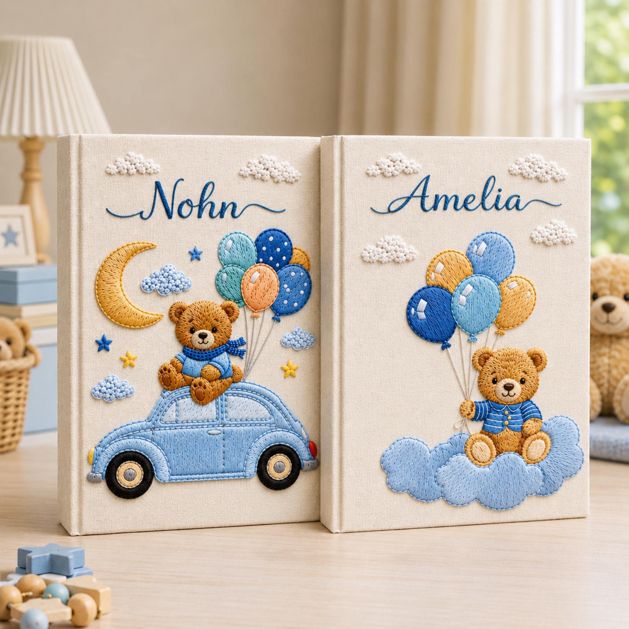 Hand Embroidered Baby Photo Album with Teddy Bear, Personalized Linen Baby Memory Book, Teddy Bear Car Baby Album, Baby Shower Gift