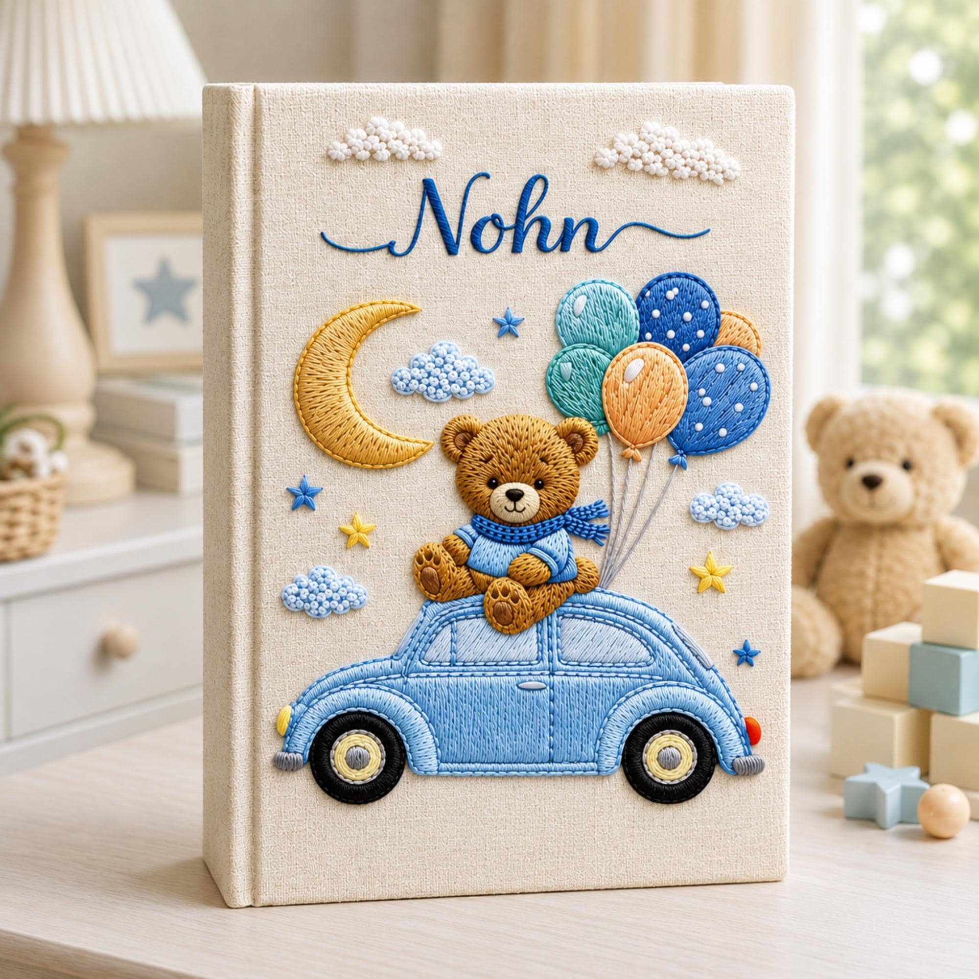 Hand Embroidered Baby Photo Album with Teddy Bear, Personalized Linen Baby Memory Book, Teddy Bear Car Baby Album, Baby Shower Gift