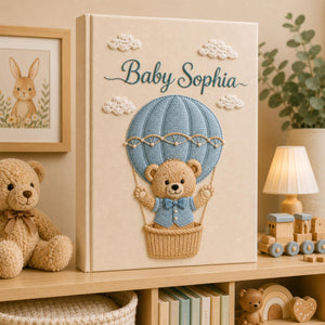 Hand Embroidered Baby Photo Album with Teddy Bear, Personalized Linen Baby Memory Book, Teddy Bear Car Baby Album, Baby Shower Gift