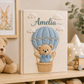 Custom Hand Embroidered Baby Photo Album, Teddy Bear Hot Air Balloon Baby Photo Album, Hand Embroidered Linen Memory Book, Newborn Keepsake