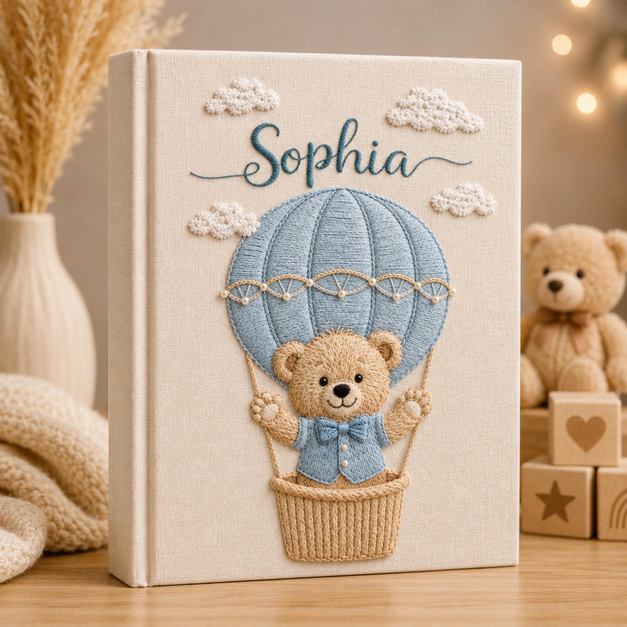 Hand Embroidered Baby Photo Album with Teddy Bear, Personalized Linen Baby Memory Book, Teddy Bear Car Baby Album, Baby Shower Gift