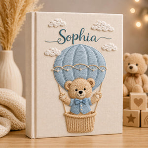 Hand Embroidered Baby Photo Album with Teddy Bear, Personalized Linen Baby Memory Book, Teddy Bear Car Baby Album, Baby Shower Gift