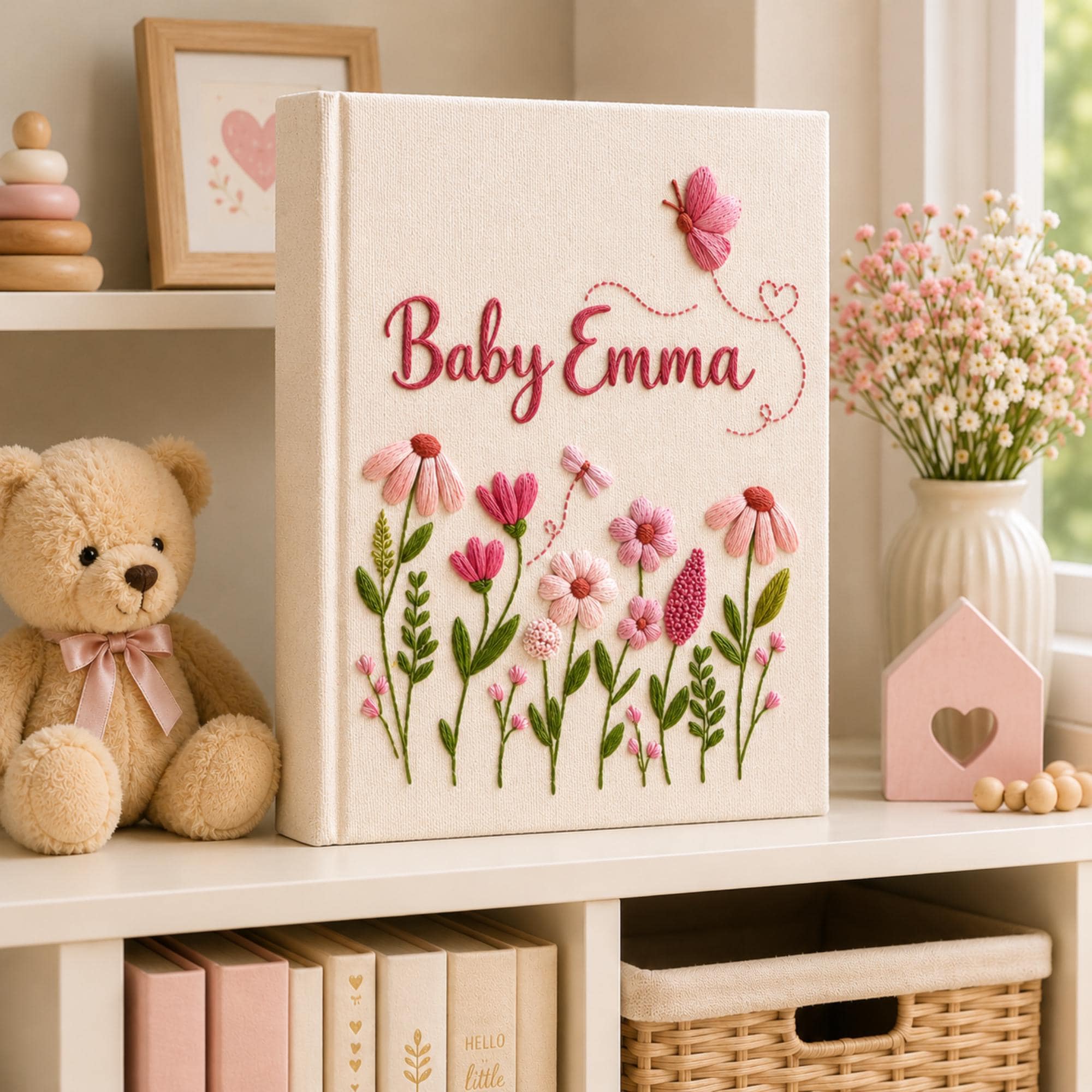 Hand Embroidered Baby Photo Album With Sleeves, Personalized Linen Memory Book, Minimal Floral Keepsake, Newborn Gift, Baby Shower Gift