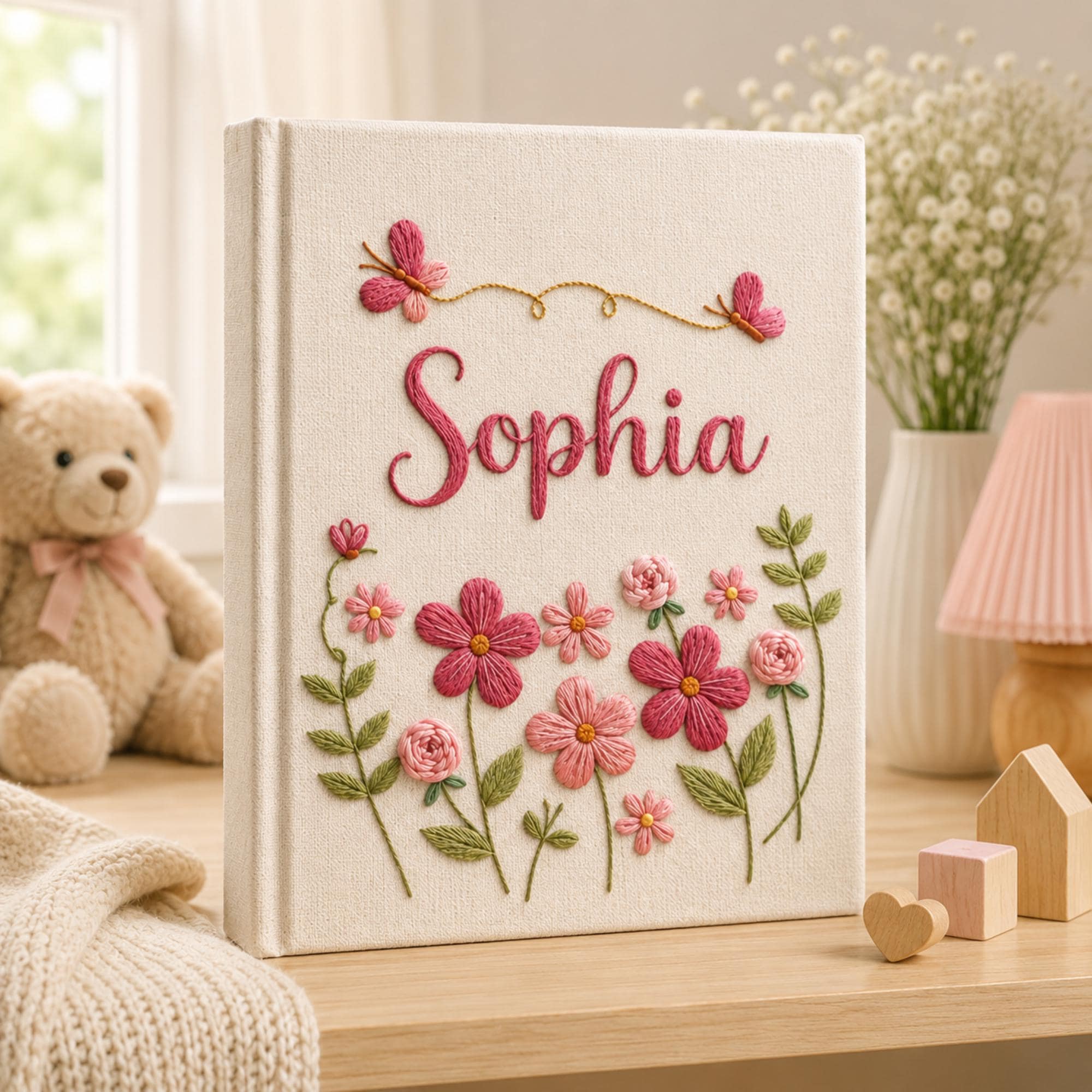 Hand Embroidered Baby Photo Album With Sleeves, Personalized Linen Memory Book, Minimal Floral Keepsake, Newborn Gift, Baby Shower Gift