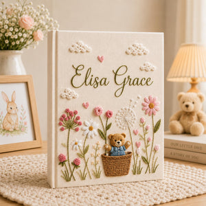 Hand Embroidered Teddy Bear Linen Baby Photo Album, Floral Memory Book Keepsake, Unique Photo Album, Baby Shower Gift, Newborn Keepsake
