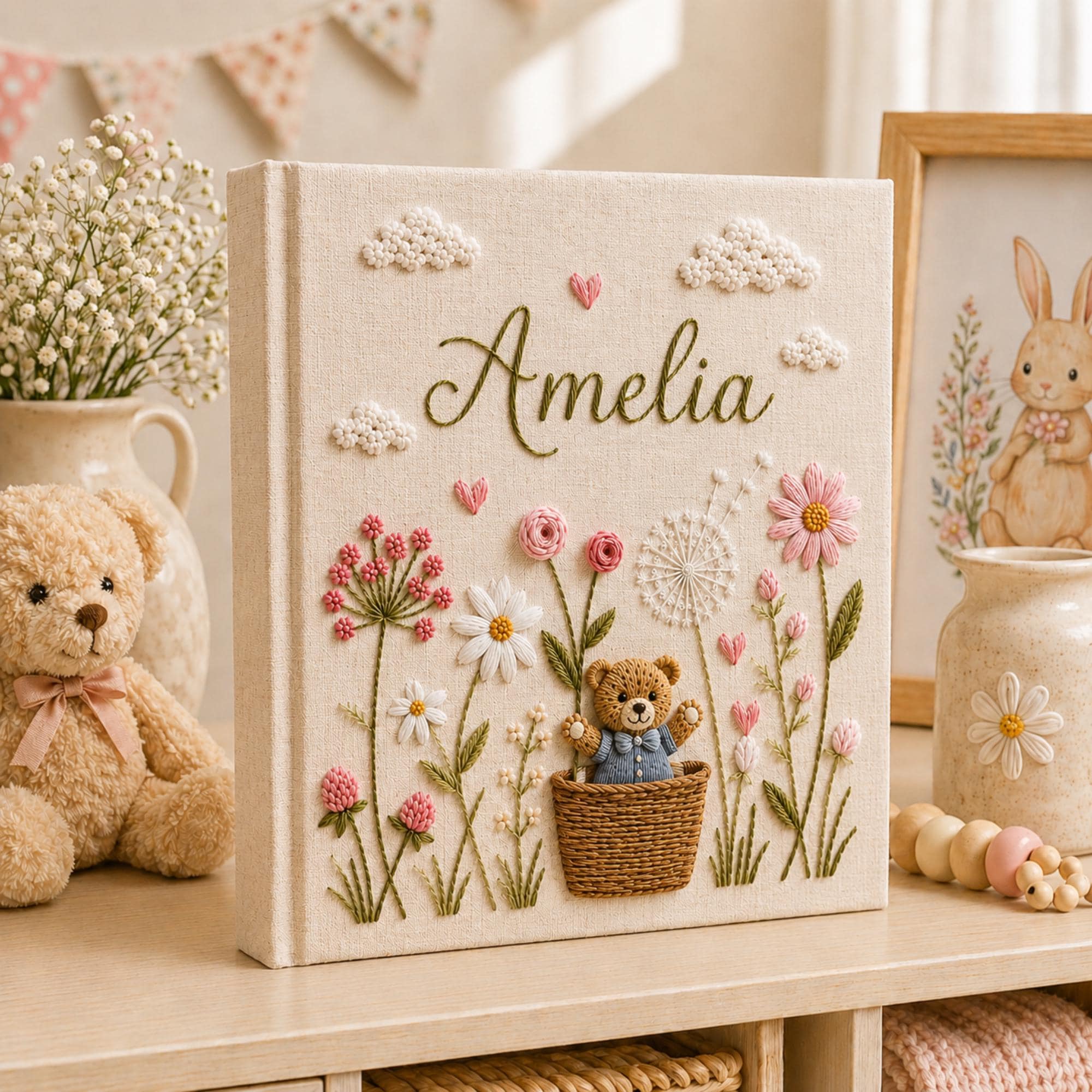 Hand Embroidered Teddy Bear Linen Baby Photo Album, Teddy Bear Floral Memory Book, Unique Photo Album, Baby Shower Gift, Newborn Keepsake