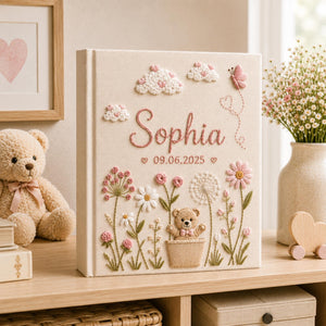 Hand Embroidered Teddy Bear Linen Baby Photo Album, Floral Memory Book Keepsake, Unique Photo Album, Baby Shower Gift, Newborn Keepsake