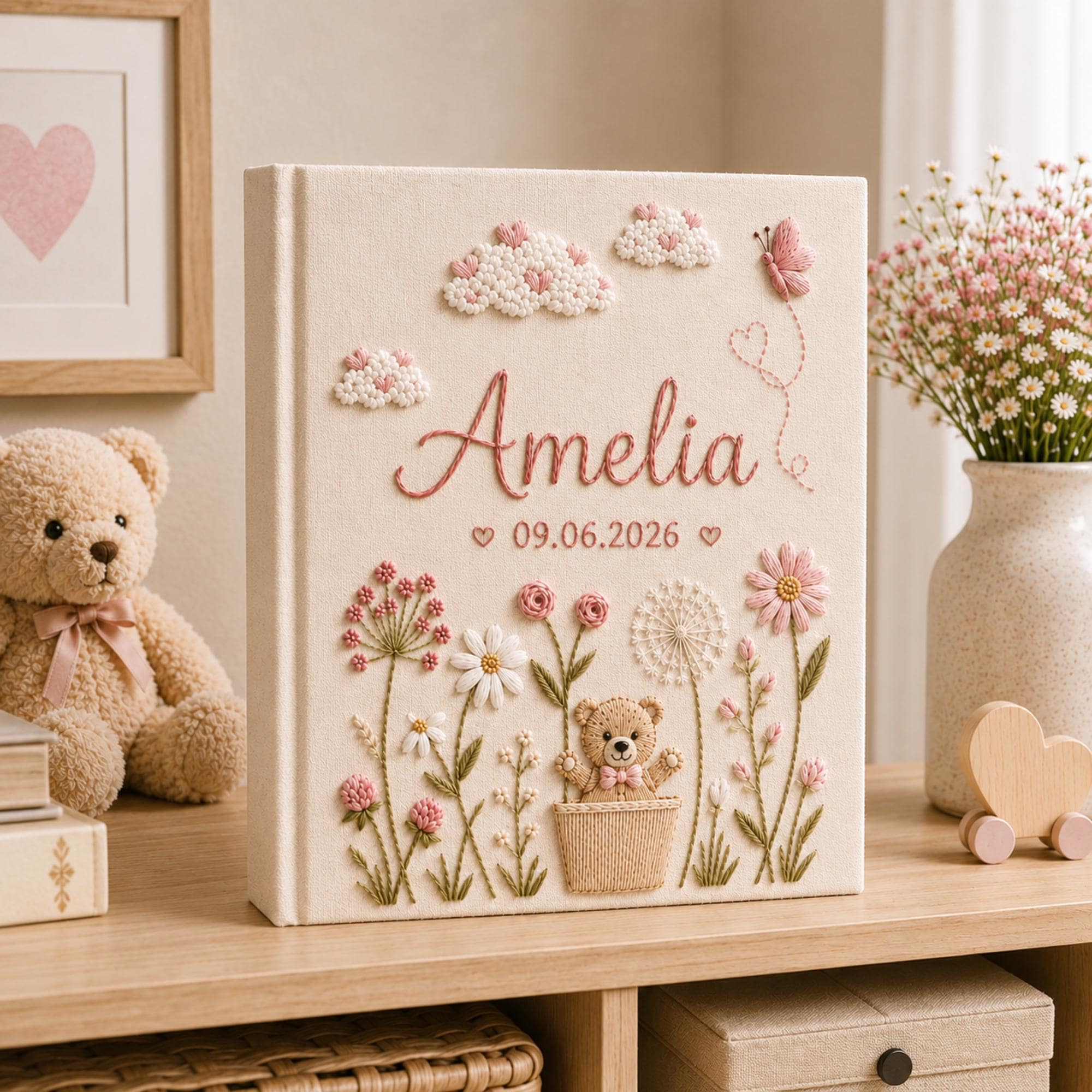 Hand Embroidered Teddy Bear Linen Baby Photo Album, Teddy Bear Floral Memory Book, Unique Photo Album, Baby Shower Gift, Newborn Keepsake