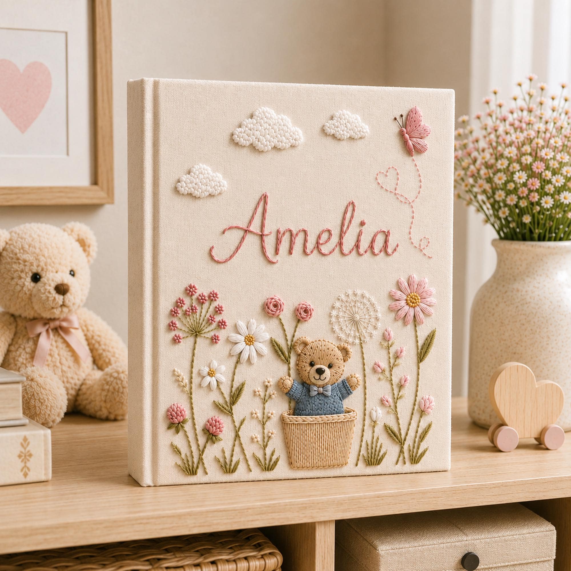Hand Embroidered Teddy Bear Linen Baby Photo Album, Floral Memory Book Keepsake, Unique Photo Album, Baby Shower Gift, Newborn Keepsake