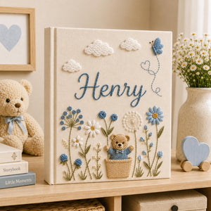 Hand Embroidered Teddy Bear Linen Baby Photo Album, Floral Memory Book Keepsake, Unique Photo Album, Baby Shower Gift, Newborn Keepsake
