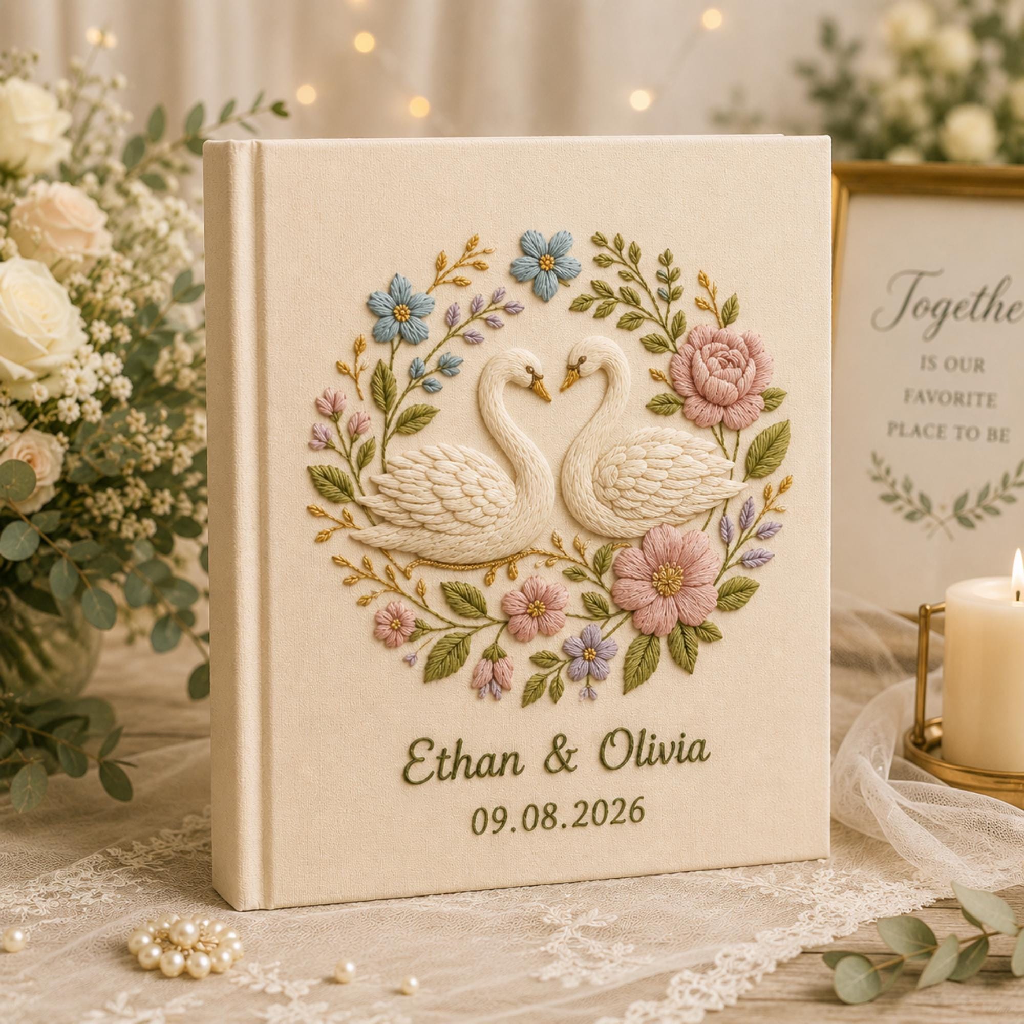 Custom Hand Embroidered Wedding Photo Album With Sleeves, Lily of the Valley Wedding Photo Album, Embroidered Swan Heart Memory Book