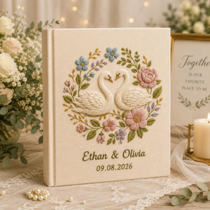 Custom Hand Embroidered Wedding Photo Album With Sleeves, Lily of the Valley Wedding Photo Album, Embroidered Swan Heart Memory Book