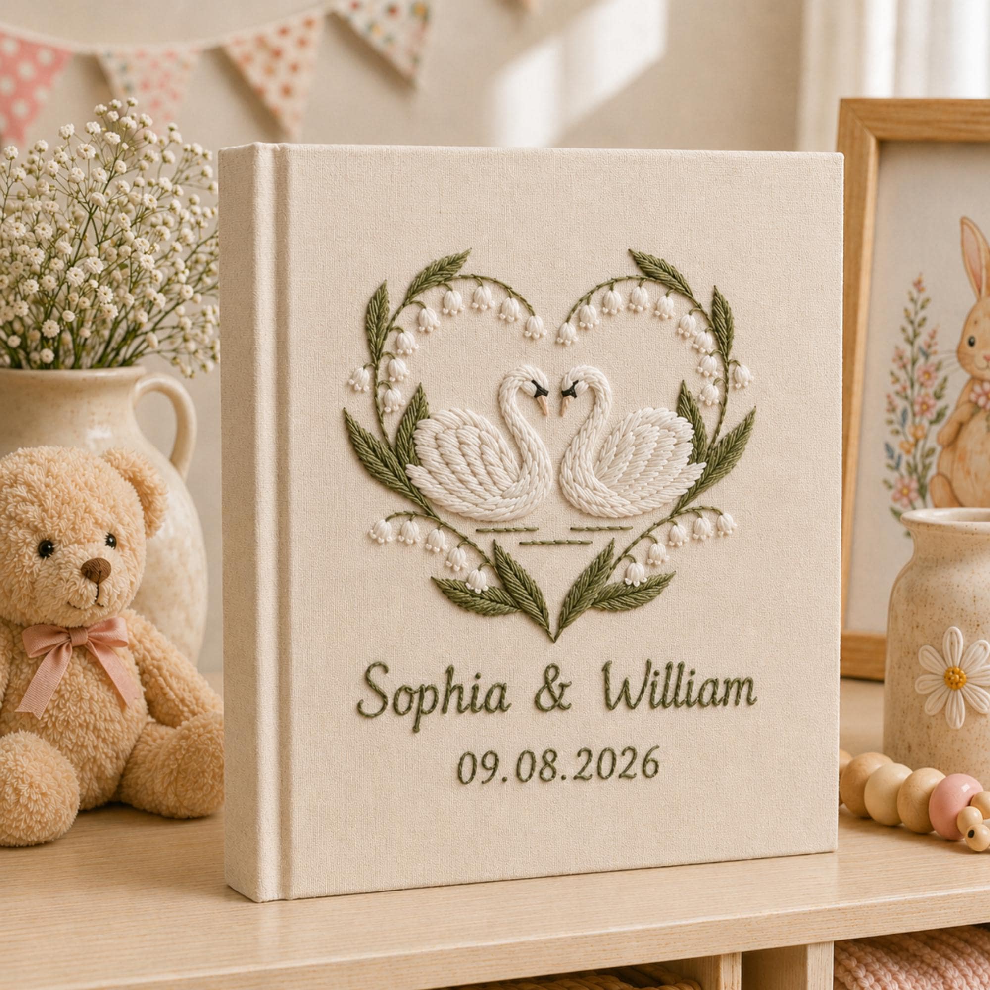 Custom Hand Embroidered Wedding Photo Album With Sleeves, Lily of the Valley Wedding Photo Album, Embroidered Swan Heart Memory Book