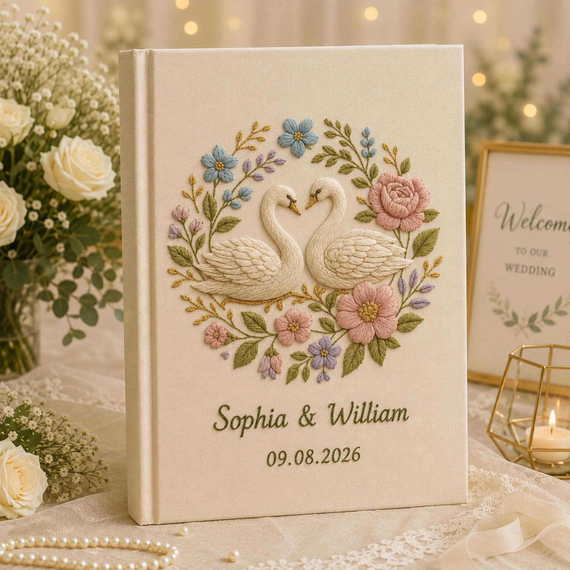 Custom Hand Embroidered Wedding Photo Album With Sleeves, Lily of the Valley Wedding Photo Album, Embroidered Swan Heart Memory Book