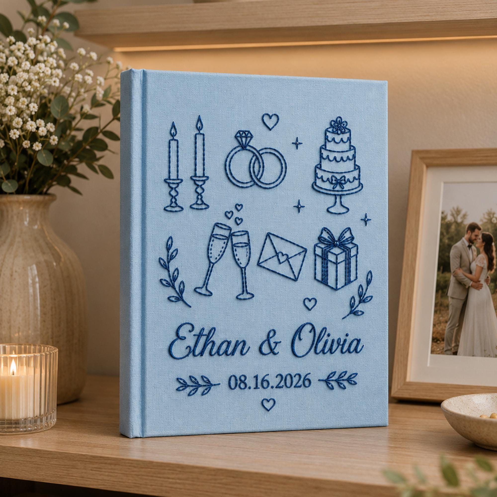 Custom Embroidered Linen Wedding Photo Album, Personalized Wedding Memory Book, Linen Album Anniversary Gift, Couple Keepsake Album