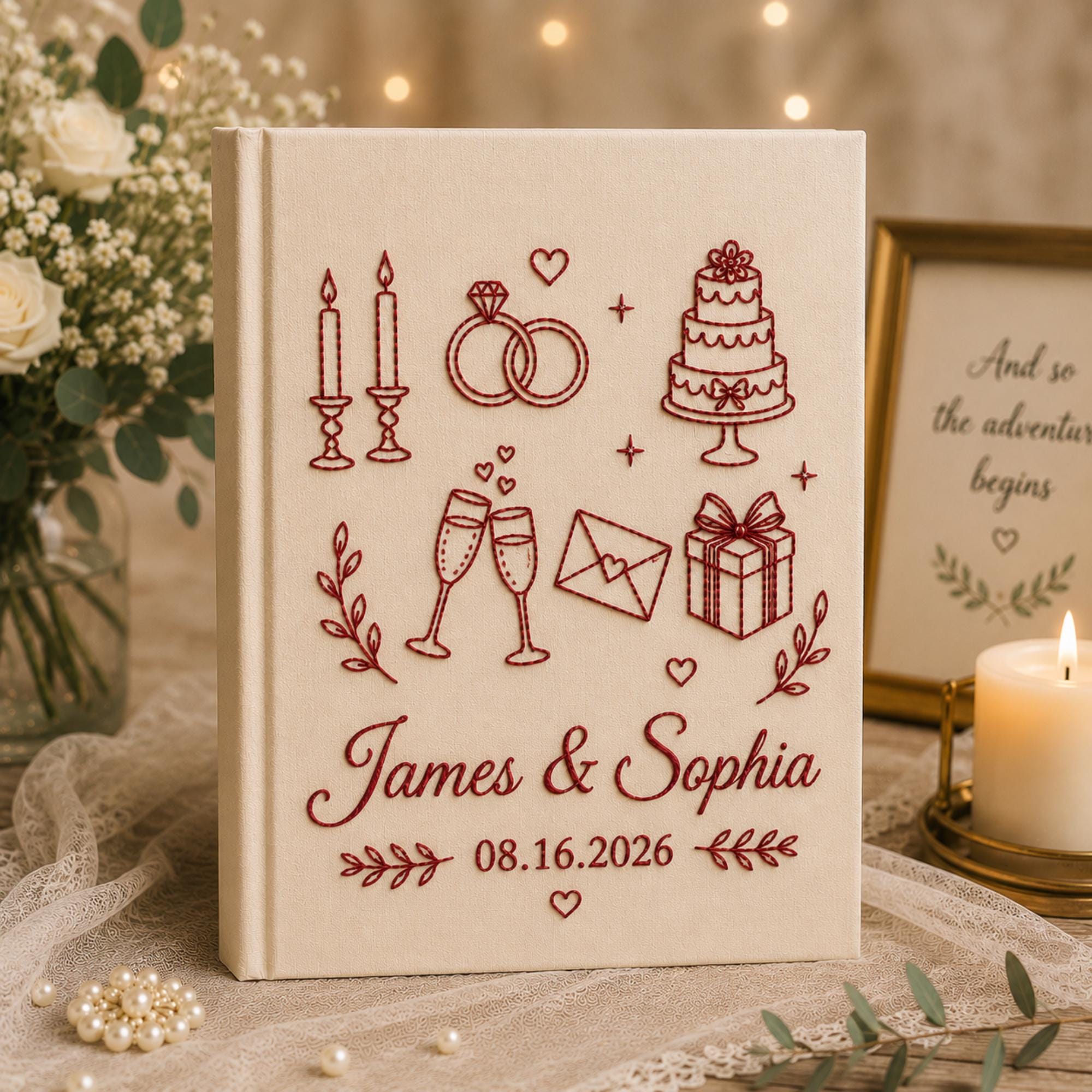 Custom Embroidered Linen Wedding Photo Album, Personalized Wedding Memory Book, Linen Album Anniversary Gift, Couple Keepsake Album