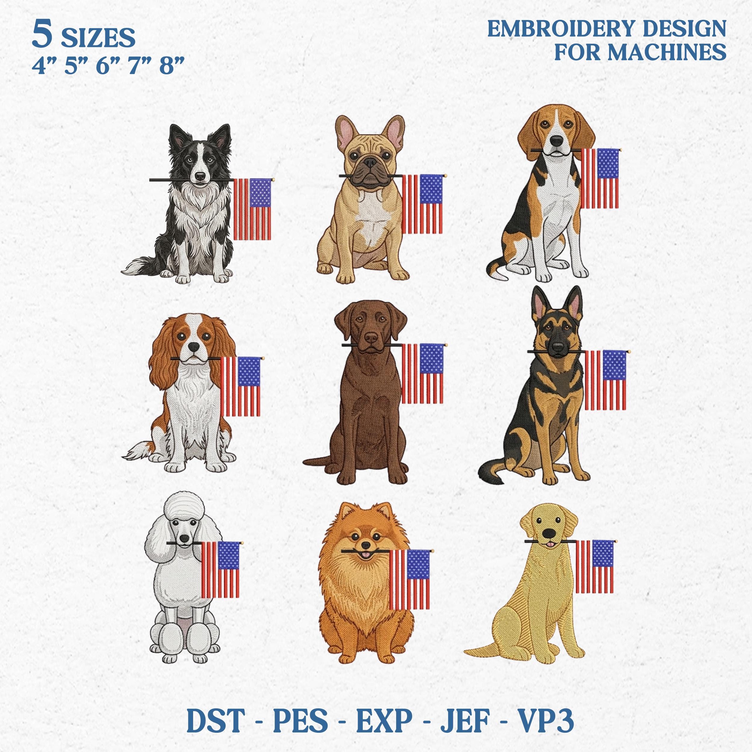 Patriotic Dog Embroidery Bundle, 4th of July Dog Breed Designs, American Flag Dog Machine Embroidery Files PES