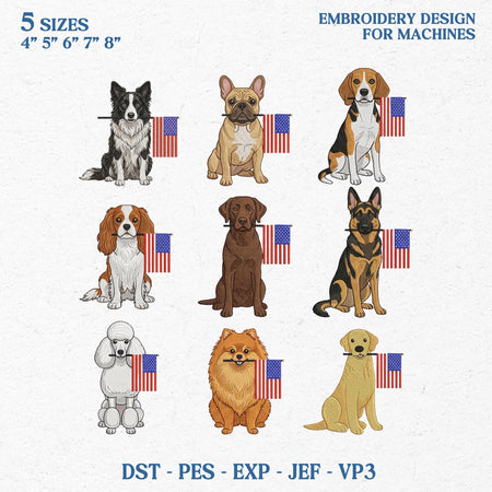 Patriotic Dog Embroidery Bundle, 4th of July Dog Breed Designs, American Flag Dog Machine Embroidery Files PES