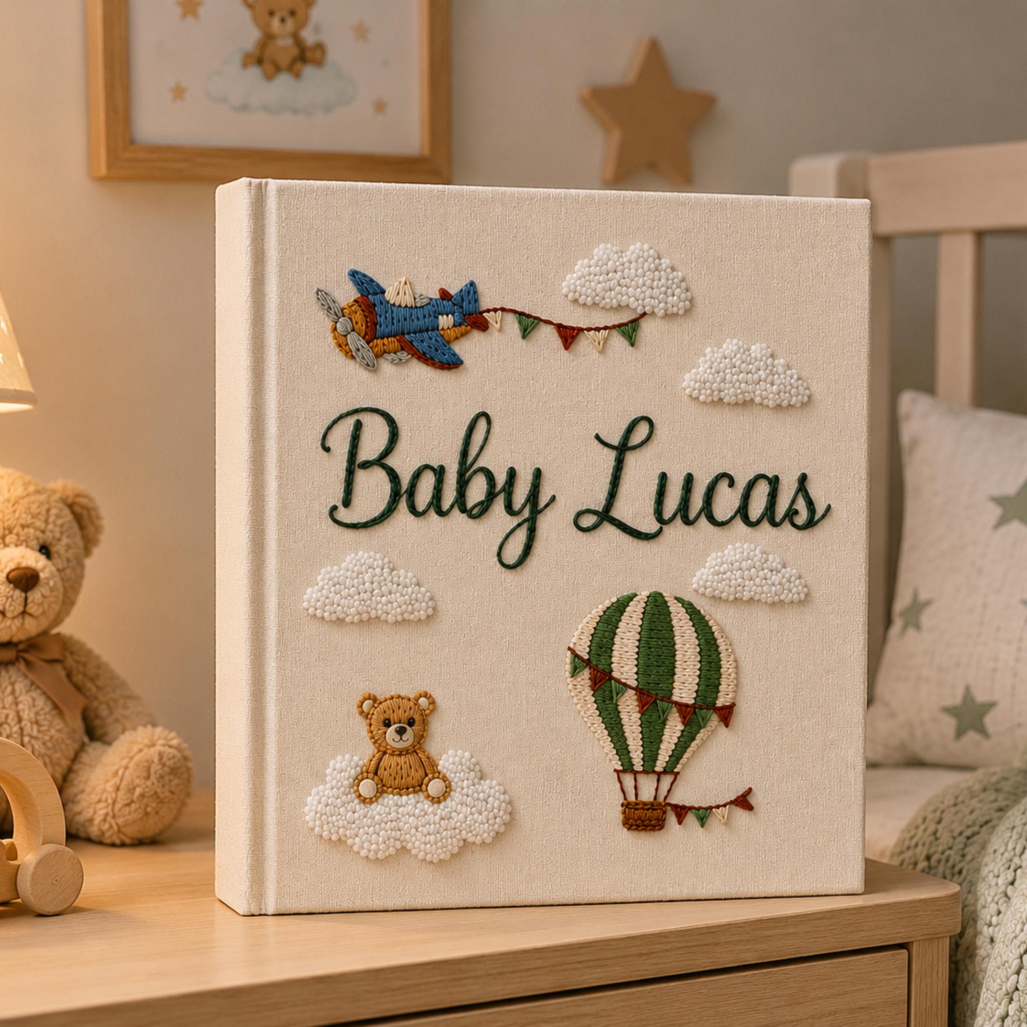 Hand Embroidered Baby Photo Album with Teddy Bear, Hot Air Balloon & Airplane Linen Memory Book, Newborn Keepsake Album, Baby Shower Gift