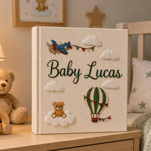 Hand Embroidered Baby Photo Album with Teddy Bear, Hot Air Balloon & Airplane Linen Memory Book, Newborn Keepsake Album, Baby Shower Gift