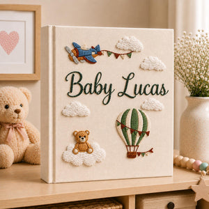 Hand Embroidered Baby Photo Album with Teddy Bear, Hot Air Balloon & Airplane Linen Memory Book, Newborn Keepsake Album, Baby Shower Gift