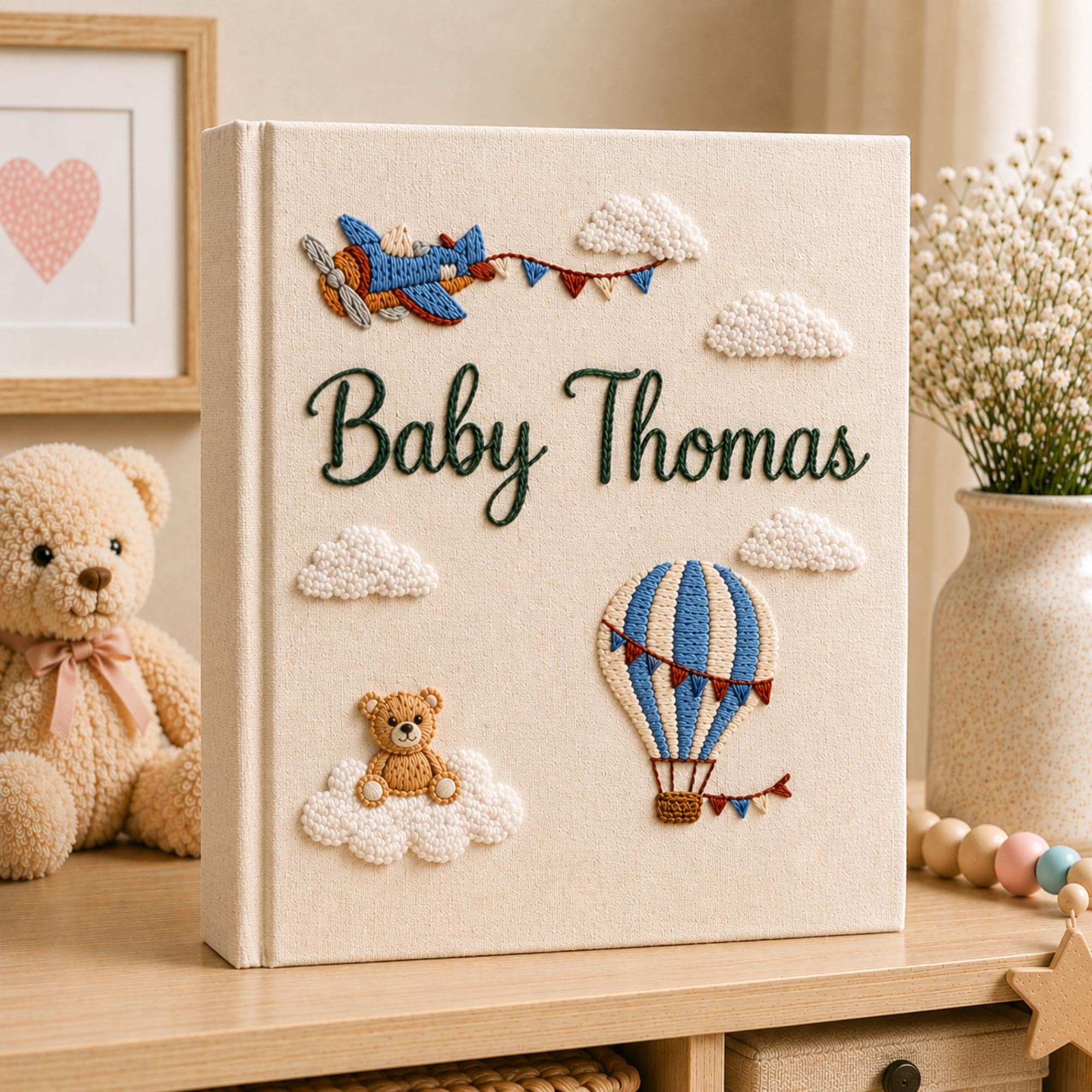 Hand Embroidered Baby Photo Album with Teddy Bear, Hot Air Balloon & Airplane Linen Memory Book, Newborn Keepsake Album, Baby Shower Gift