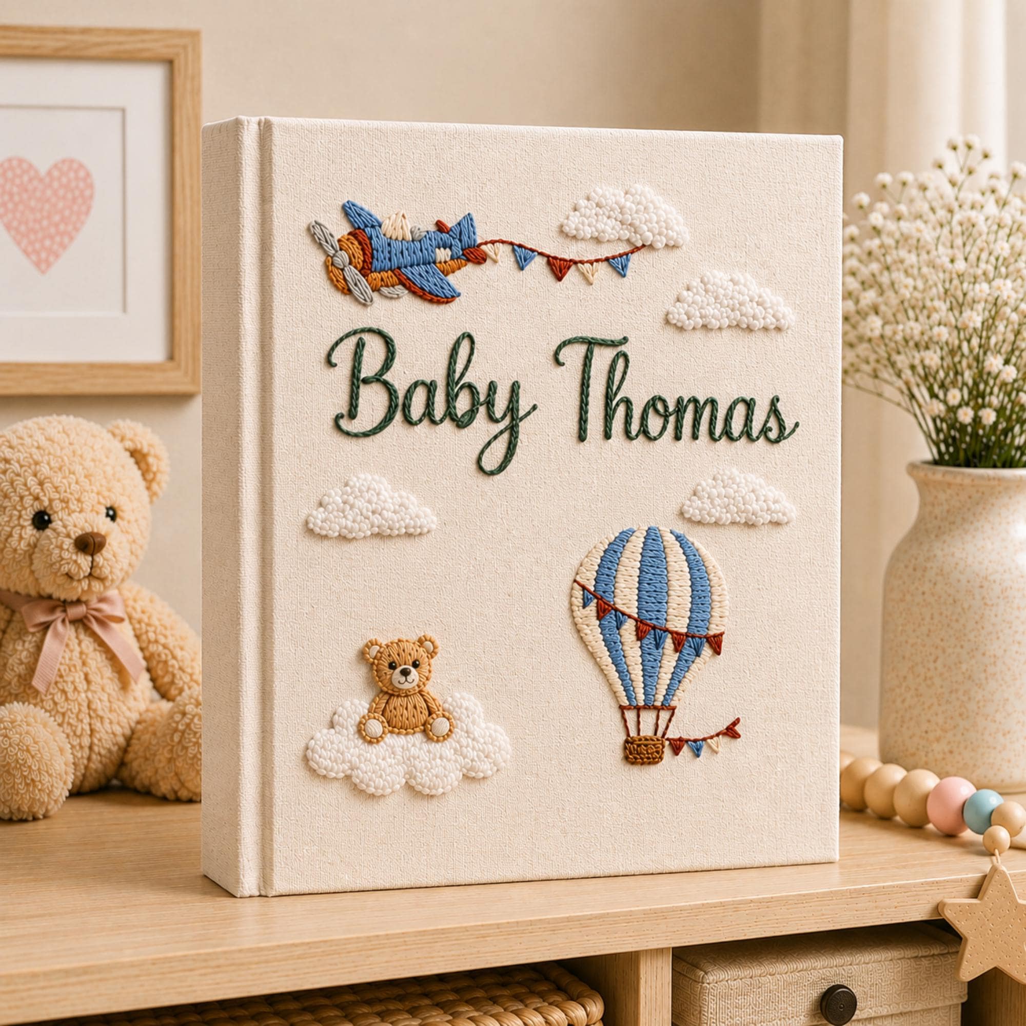 Hand Embroidered Baby Photo Album with Teddy Bear, Hot Air Balloon & Airplane Linen Memory Book, Newborn Keepsake Album, Baby Shower Gift
