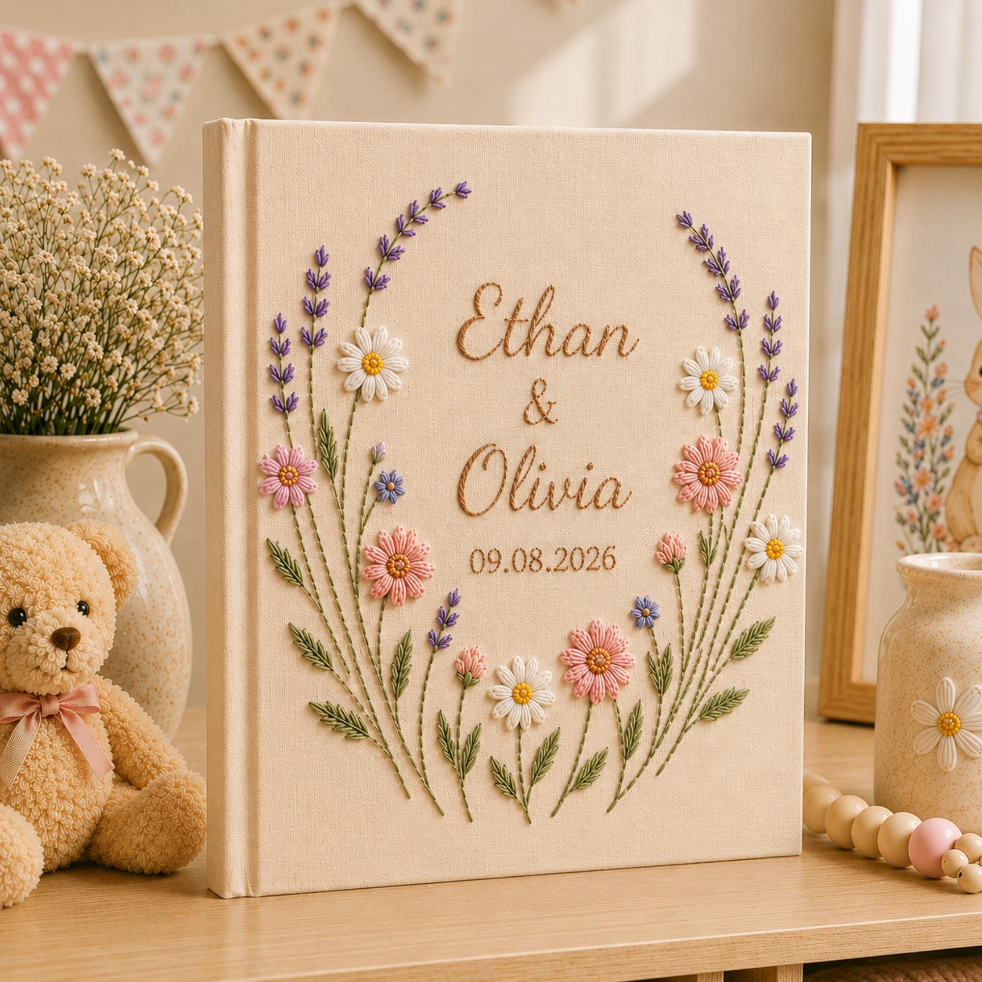 Personalized Hand Embroidered Wedding Photo Album, Floral Wedding Keepsake Album, Custom Name Guest Book, Handmade Linen Memory Book