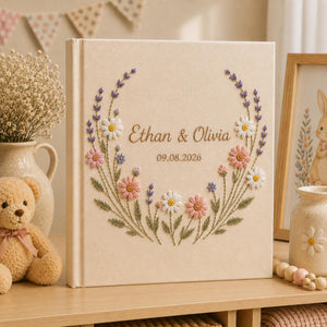 Personalized Hand Embroidered Wedding Photo Album, Floral Wedding Keepsake Album, Custom Name Guest Book, Handmade Linen Memory Book