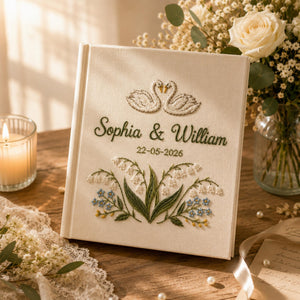 Custom Hand Embroidered Wedding Photo Album, Swan Heart Lily of the Valley Memory Book, Lily of the Valley Wedding Book, Bridal Gift