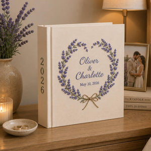 Personalized Swan Lavender Couple Wedding Photo Album, Custom Floral Embroidery Memory Book, Lavender Wedding Book, Linen Bridal Keepsake