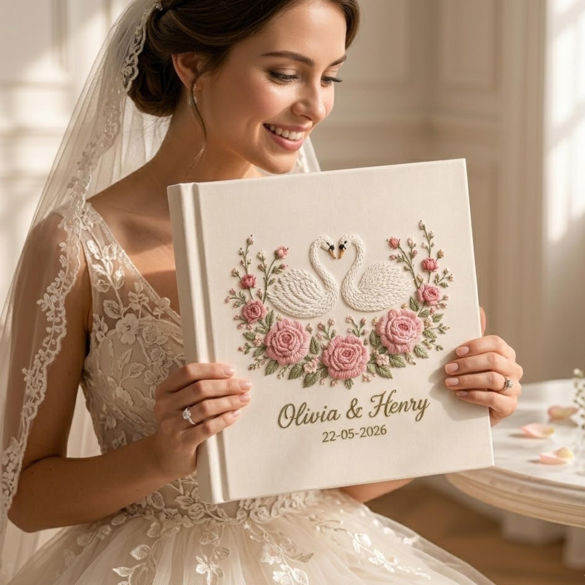Personalized Hand Embroidered Floral Linen Wedding Photo Album, Floral Wedding Keepsake Album, Handmade Linen Memory Book, Bridal Gift