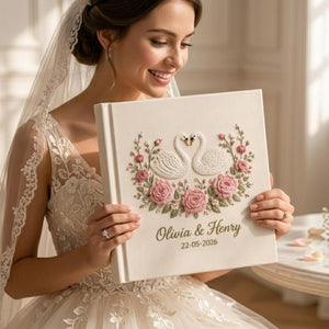 Personalized Hand Embroidered Floral Linen Wedding Photo Album, Floral Wedding Keepsake Album, Handmade Linen Memory Book, Bridal Gift