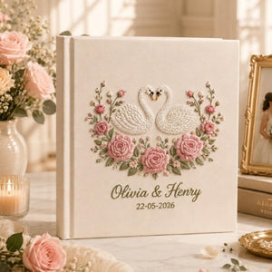 Personalized Hand Embroidered Floral Linen Wedding Photo Album, Floral Wedding Keepsake Album, Handmade Linen Memory Book, Bridal Gift