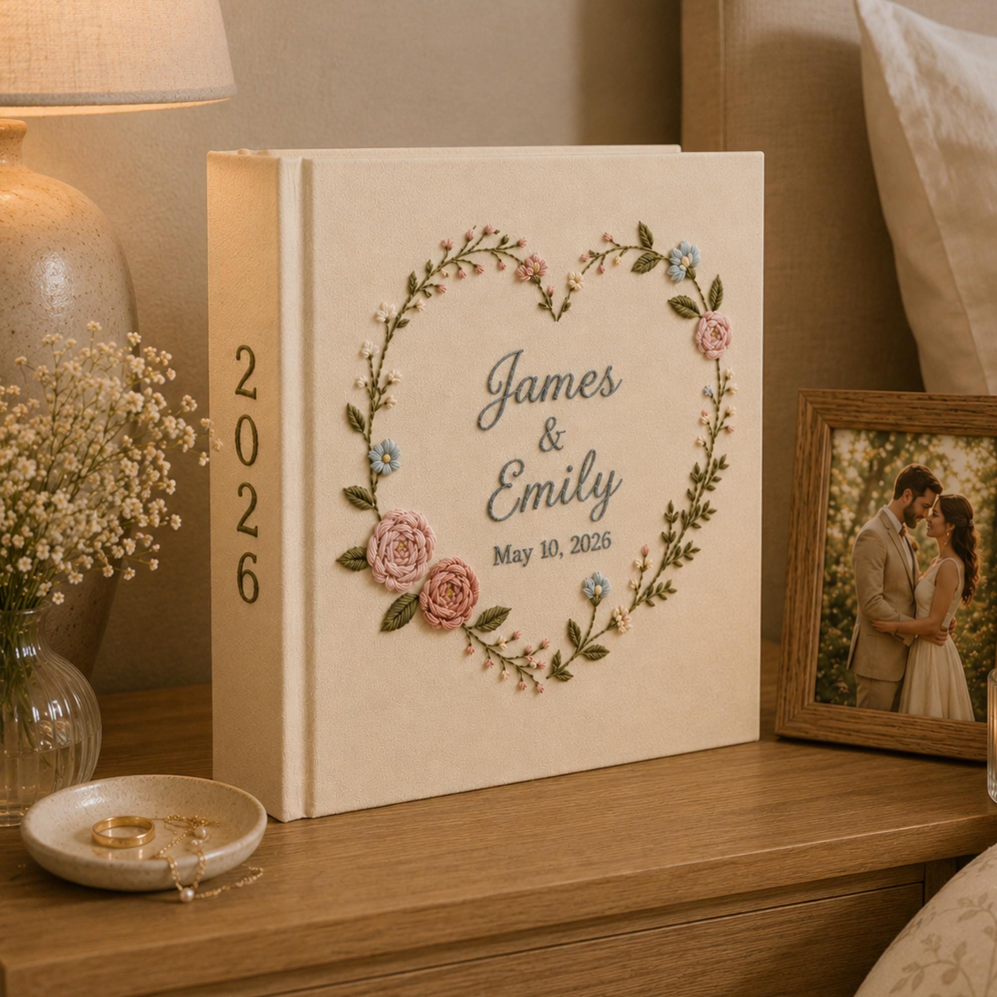 Personalized Hand Embroidered Floral Linen Wedding Photo Album, Floral Wedding Keepsake Album, Handmade Linen Memory Book, Bridal Gift