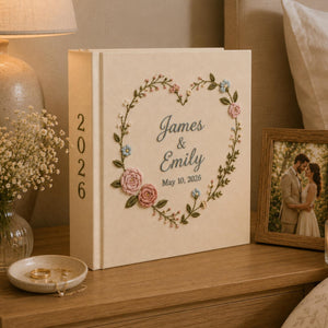Personalized Hand Embroidered Floral Linen Wedding Photo Album, Floral Wedding Keepsake Album, Handmade Linen Memory Book, Bridal Gift