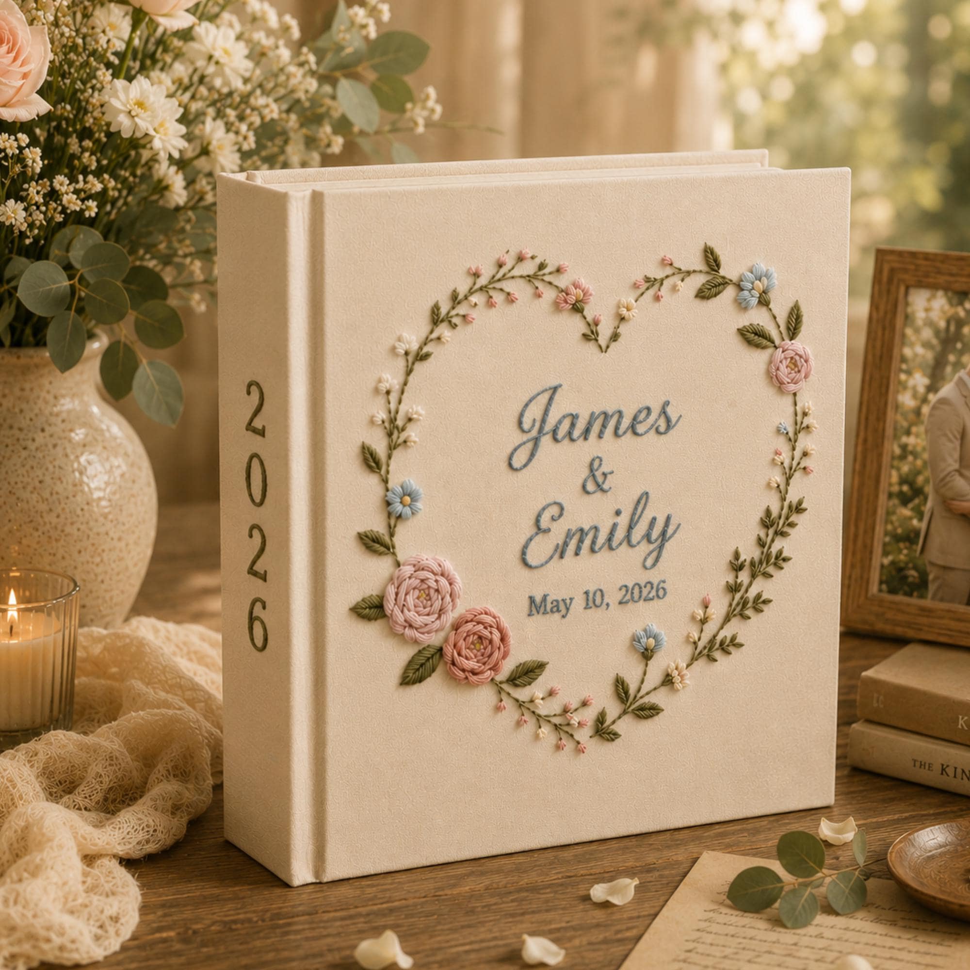 Personalized Hand Embroidered Floral Linen Wedding Photo Album, Floral Wedding Keepsake Album, Handmade Linen Memory Book, Bridal Gift