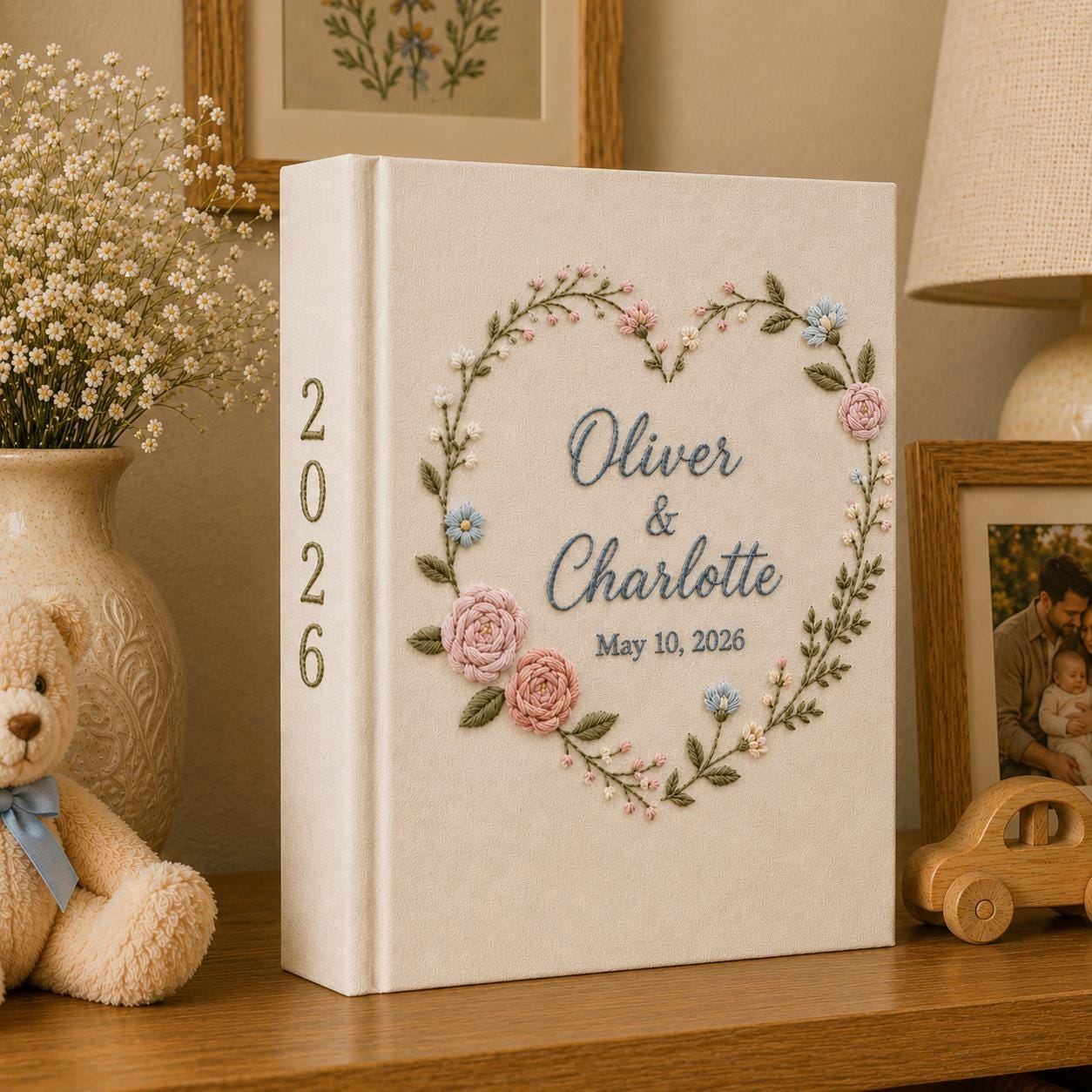 Personalized Hand Embroidered Floral Linen Wedding Photo Album, Floral Wedding Keepsake Album, Handmade Linen Memory Book, Bridal Gift