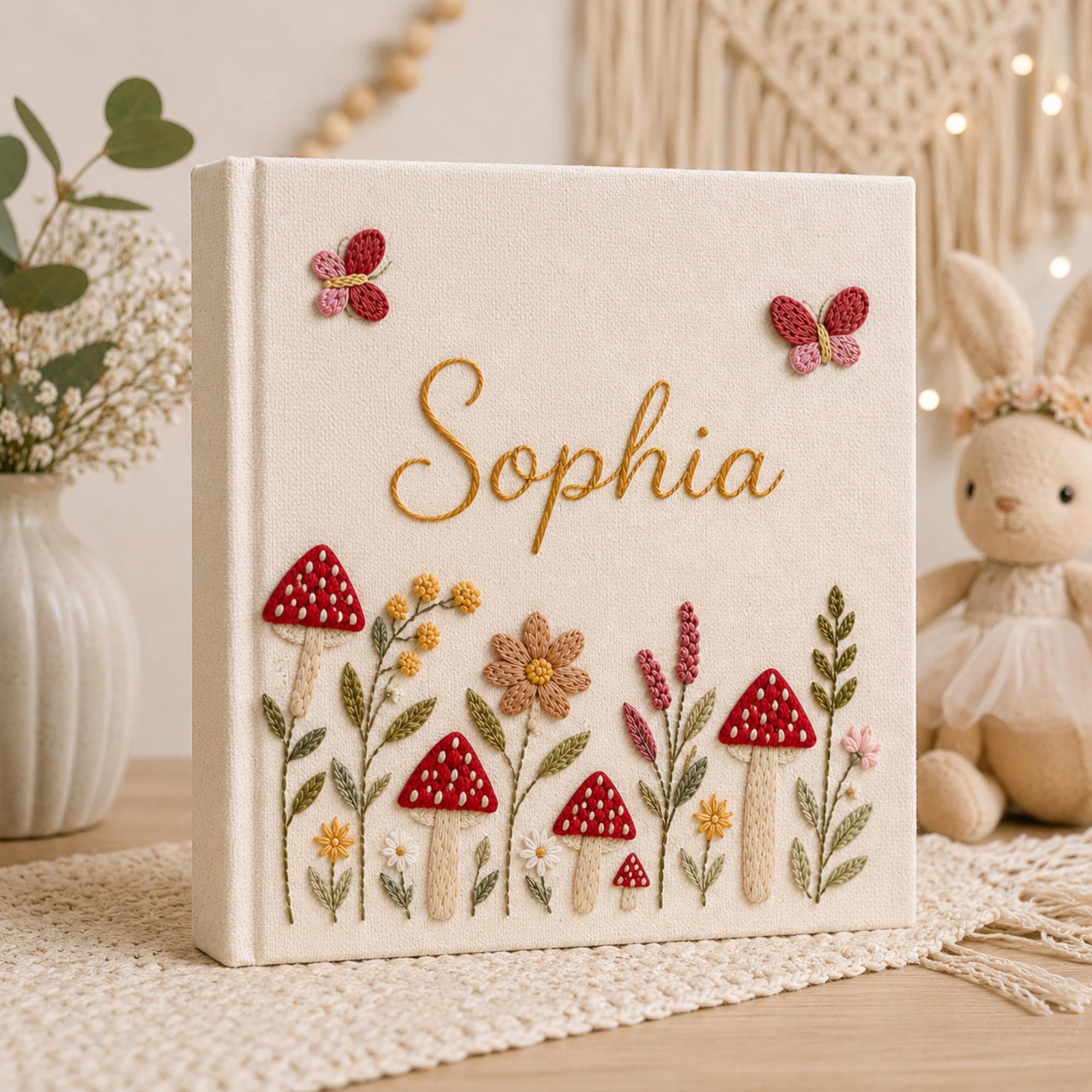 Hand Embroidered Baby Photo Album With Sleeves, Personalized Linen Baby Memory Book, Mushroom Floral Album Keepsake, Baby Shower Gift