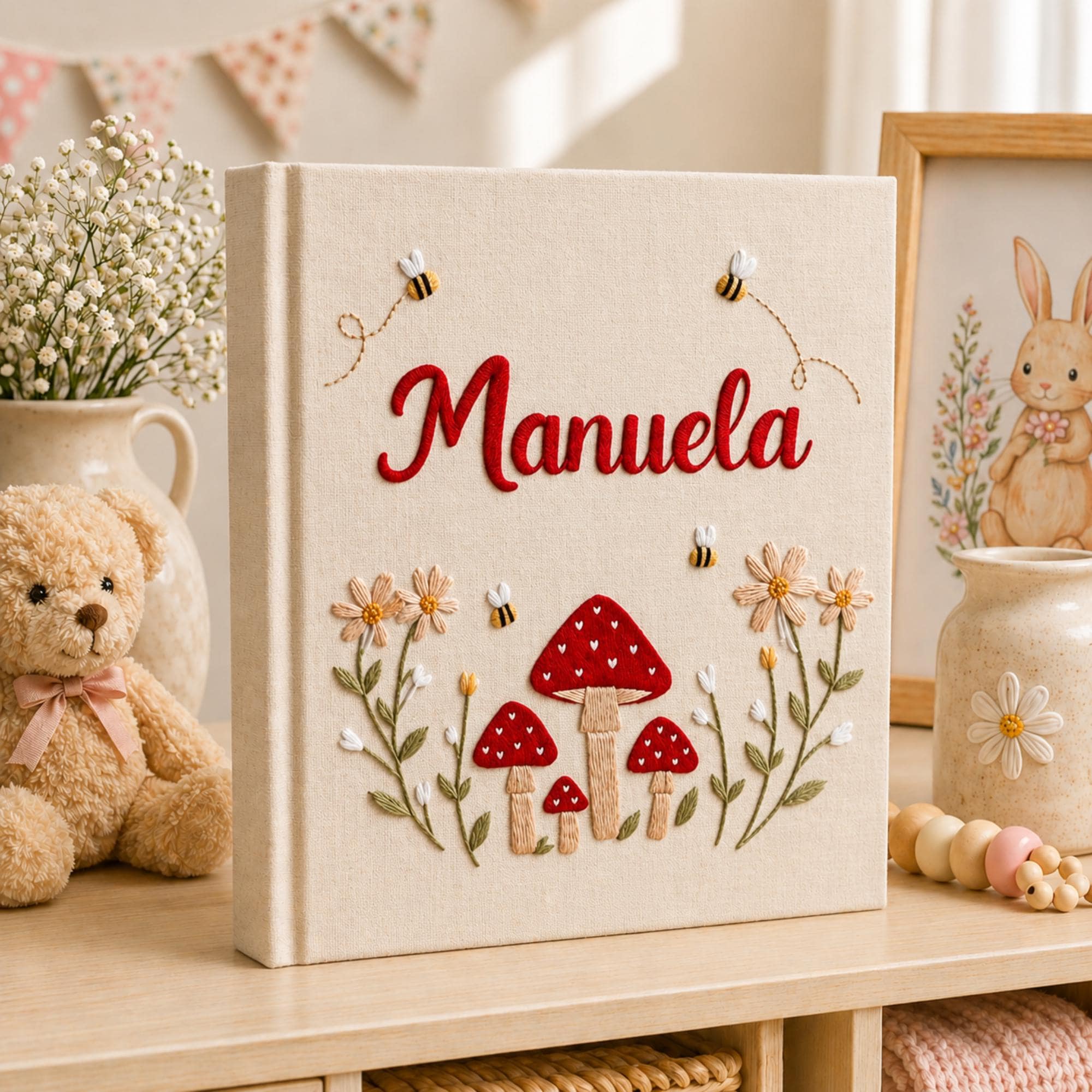 Hand Embroidered Baby Photo Album With Sleeves, Personalized Linen Baby Memory Book, Mushroom Floral Album Keepsake, Baby Shower Gift