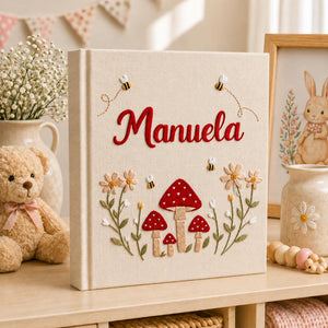 Hand Embroidered Baby Photo Album With Sleeves, Personalized Linen Baby Memory Book, Mushroom Floral Album Keepsake, Baby Shower Gift
