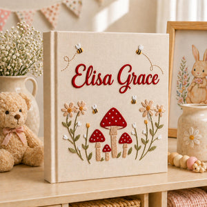 Hand Embroidered Baby Photo Album With Sleeves, Personalized Linen Baby Memory Book, Mushroom Floral Album Keepsake, Baby Shower Gift